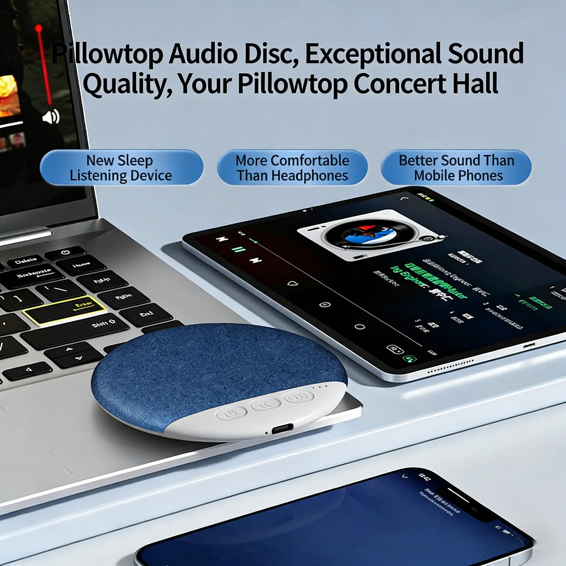 2026 Ultra-Slim Bluetooth Pillow Speaker, Bone Conduction Sound System, Silent Sleep Aid, Portable Rechargeable, Music Player, Wireless, Compatible with Android/Ios. Perfect for Valentine'S, Back-To-School, Travel, and Mother'S Day Gifts.
